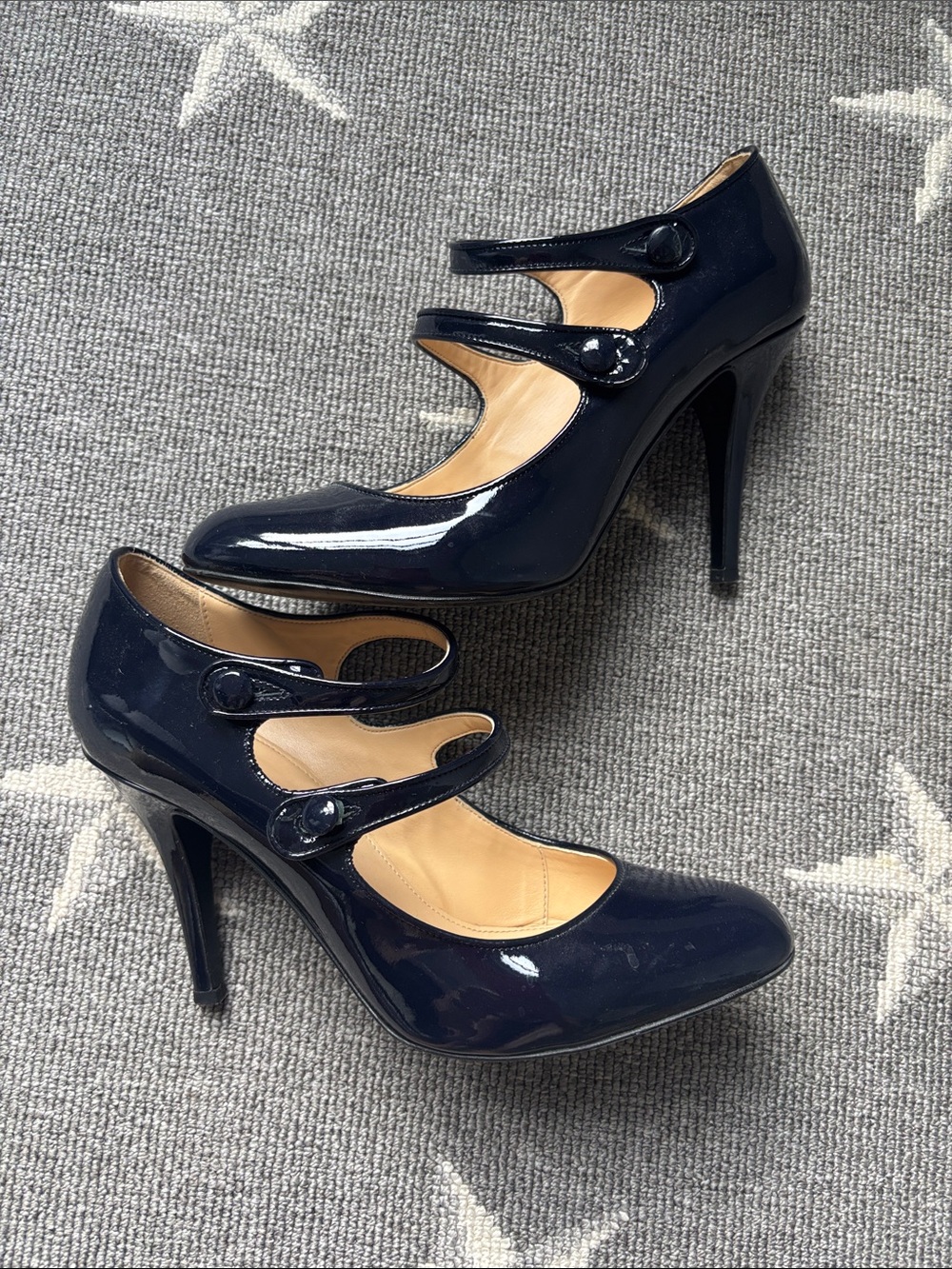 J. Crew MonaNavy Patent Triple-Strap Mary Jane Heels SZ9